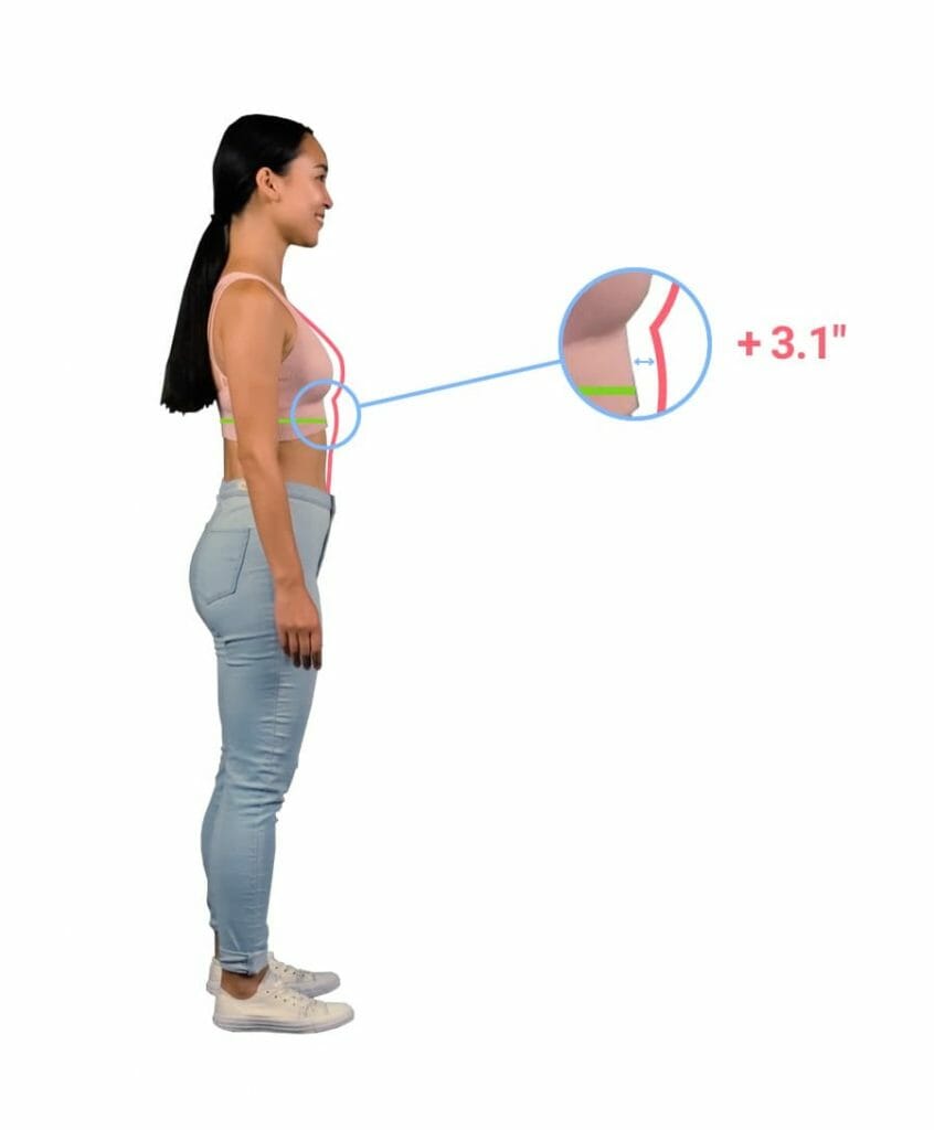 A woman is standing in front of a diagram showing the measurement of her breasts, highlighting the physiological changes in her body.