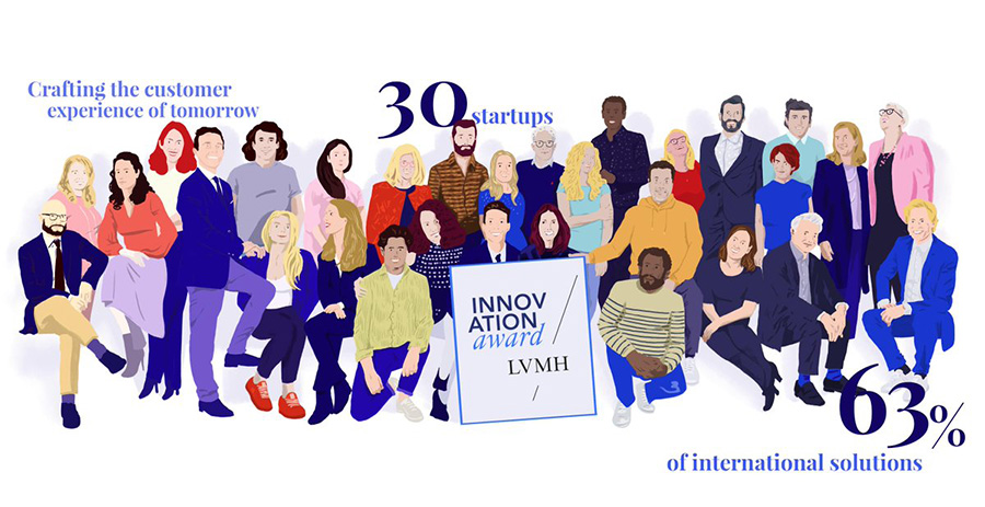 An illustration of a group of people posing for a photo, featuring the LVMH Innovation Award Finalist.