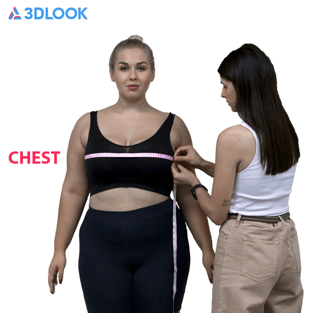 A woman stands while another person measures her chest with a tape, demonstrating how to take accurate body measurements at home. The text 