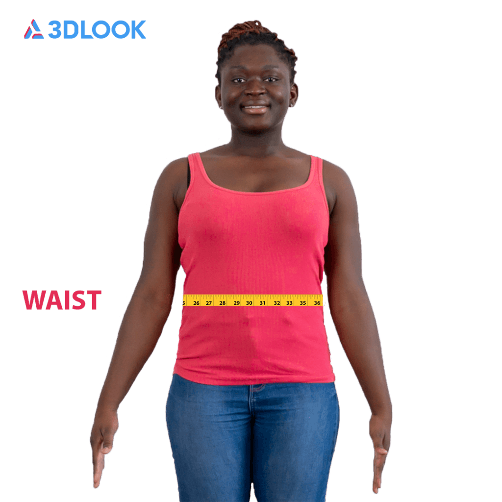 A person wearing a red tank top and blue jeans stands with their arms at their sides. A yellow measuring tape is wrapped around their waist for body measurements. Text reads 