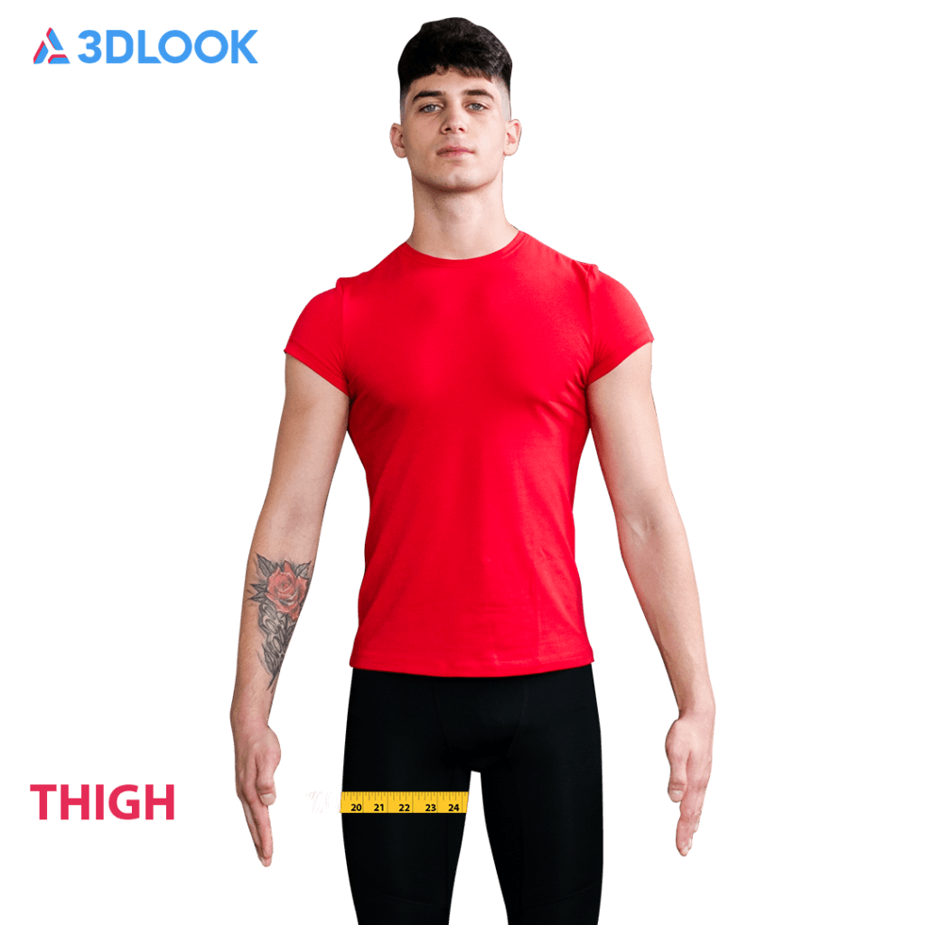 A person in a red shirt stands facing forward with arms relaxed by their sides. The word 