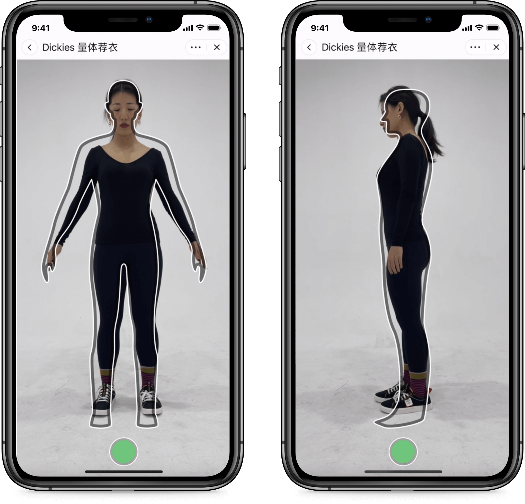 Two smartphones display a body measurement app by 3DLOOK, offering Tmall global shoppers a personalized fitting experience. A person in a black outfit stands with arms outstretched in front view on the left screen and in side view on the right screen.