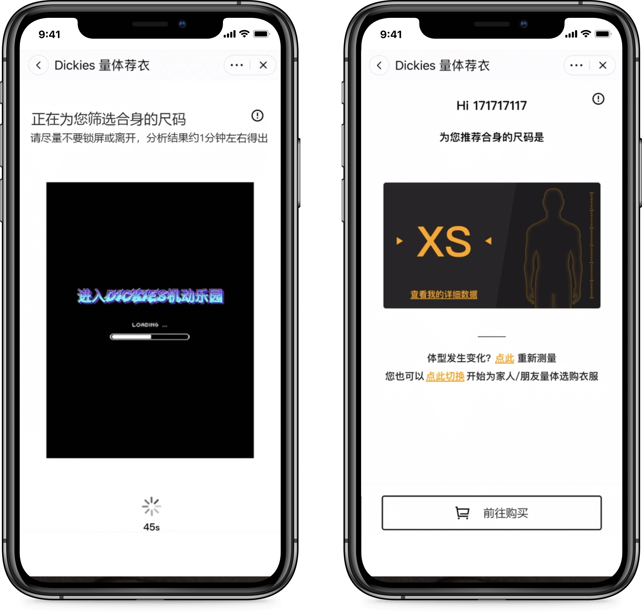 Two smartphone screens display a 3DLOOK size recommendation app. The left screen shows a loading animation, while the right screen suggests an XS size with options to proceed or return. The app offers a personalized fitting experience for Dickies® apparel.
