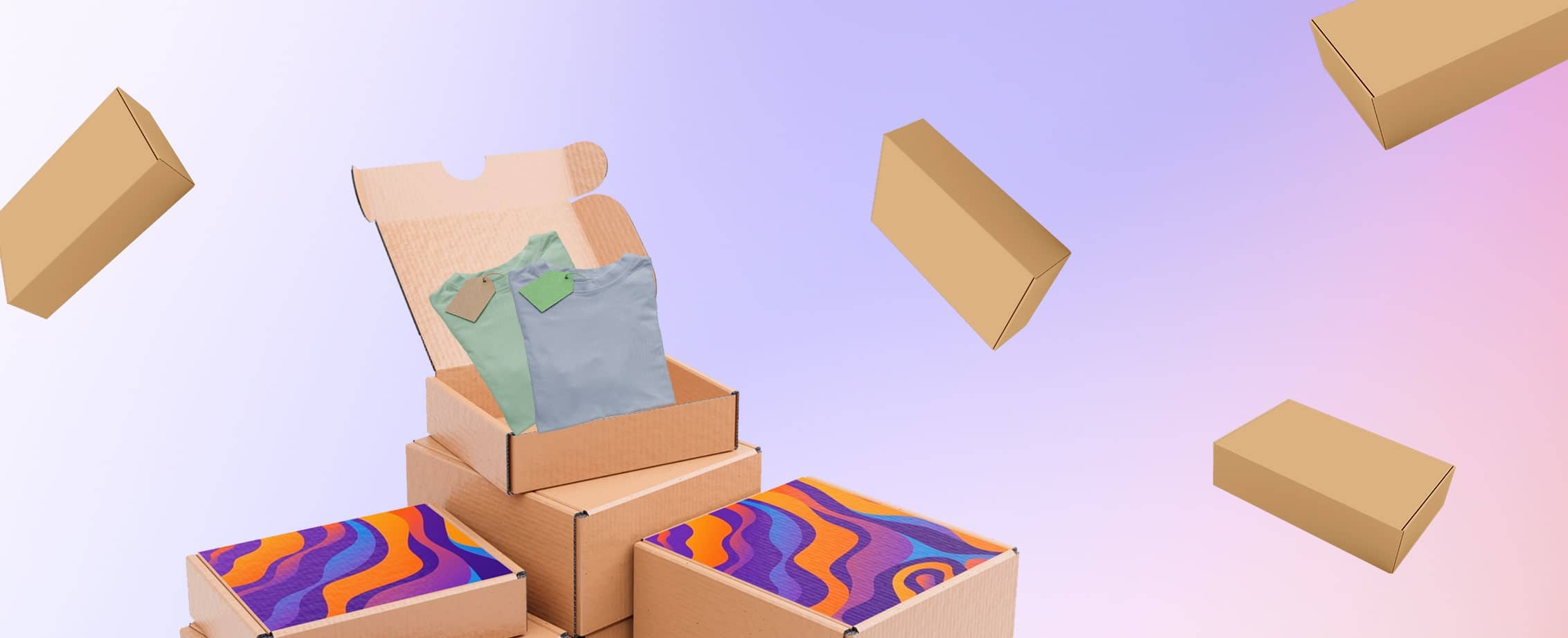 A stack of boxes with colorful designs for an e-commerce retailer.