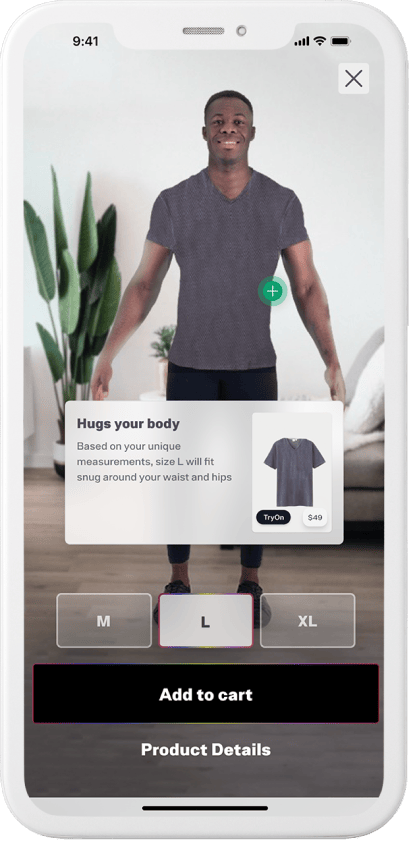 A mobile app showcasing a man wearing a t-shirt designed to fit perfectly.