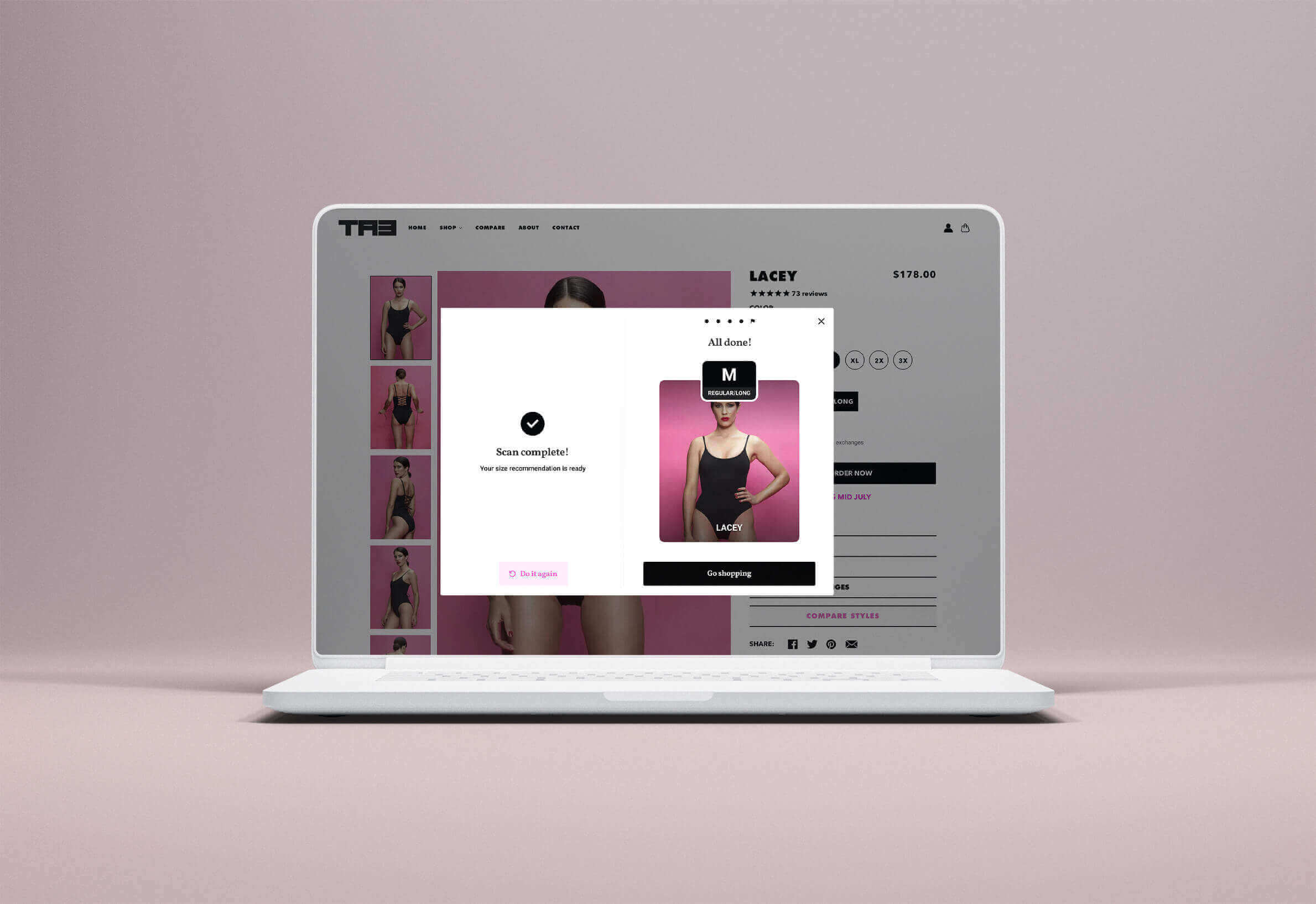 A laptop screen displaying a woman's clothing on a pink background from a fashion store.