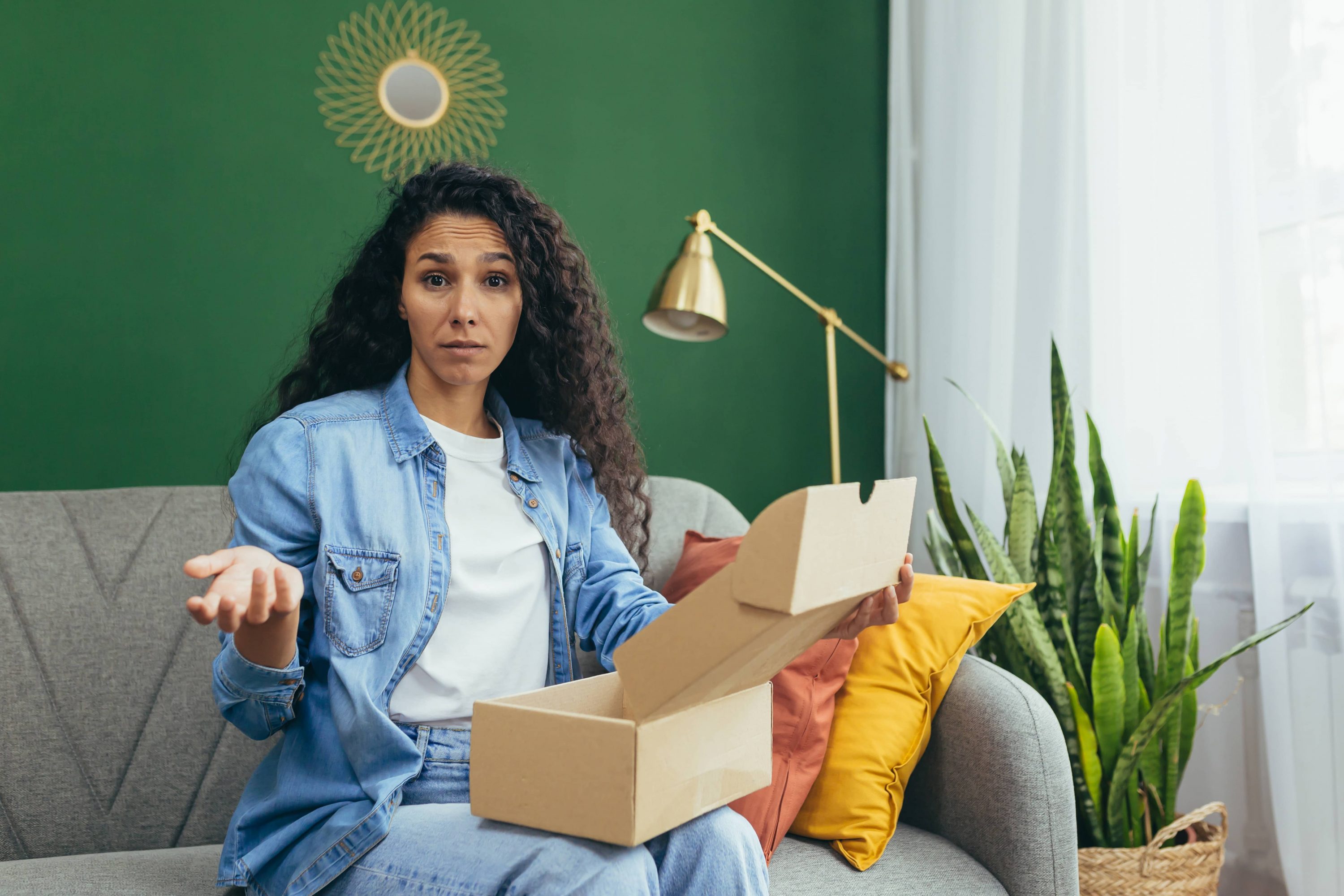 A woman sits on a couch with a box in front of her, possibly related to ecommerce returns.