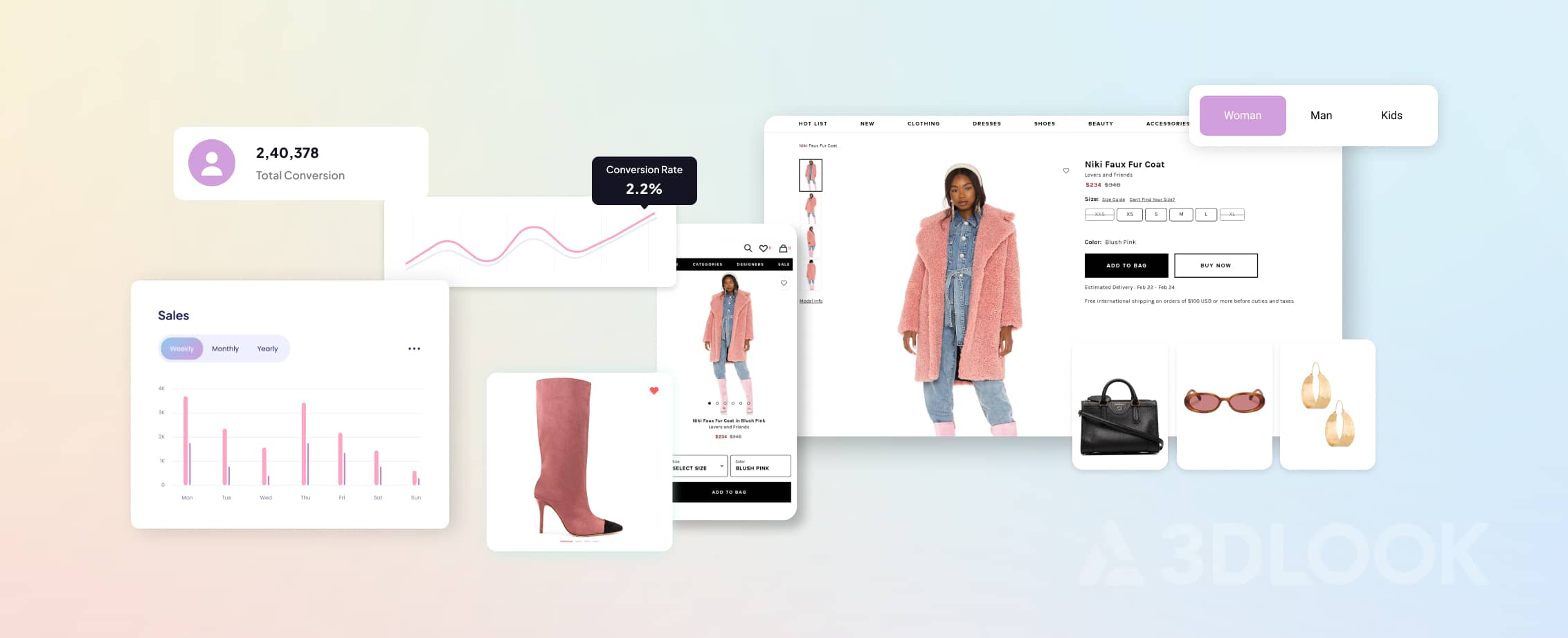 A collection of Fashion eCommerce UI elements on a white background designed to beat high conversion rates.