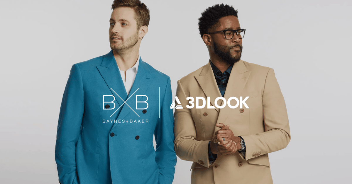 In this Baynes & Baker success story, two men in suits stand next to each other, showcasing the transformative power of 3DLOOK's Mobile Tailor technology.