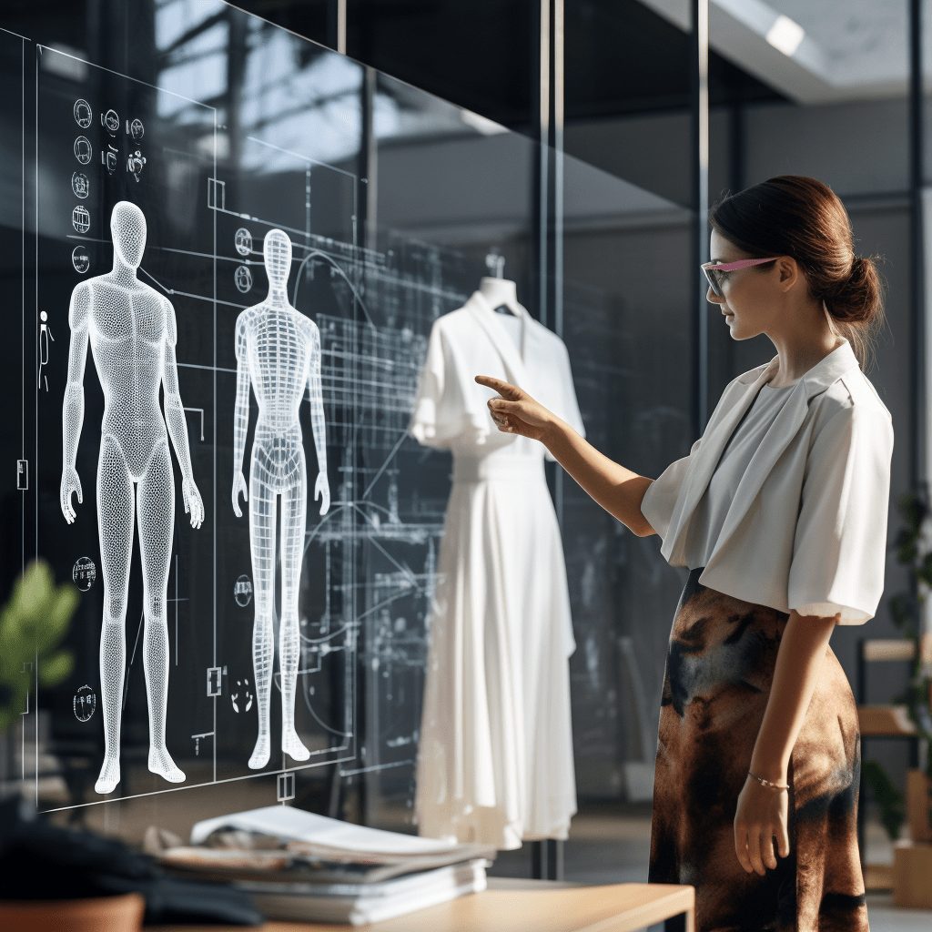 A woman is pointing at an image of a mannequin on a wall in a store.