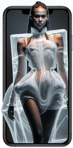 An image of a woman in a white dress on an iPhone, showcasing AI technology for retailers.