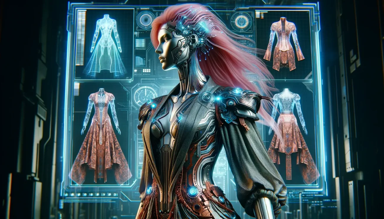 A futuristic female cyborg with pink hair stands before holographic displays of fashion designs, showcasing how Artificial Intelligence is reshaping the fashion industry.