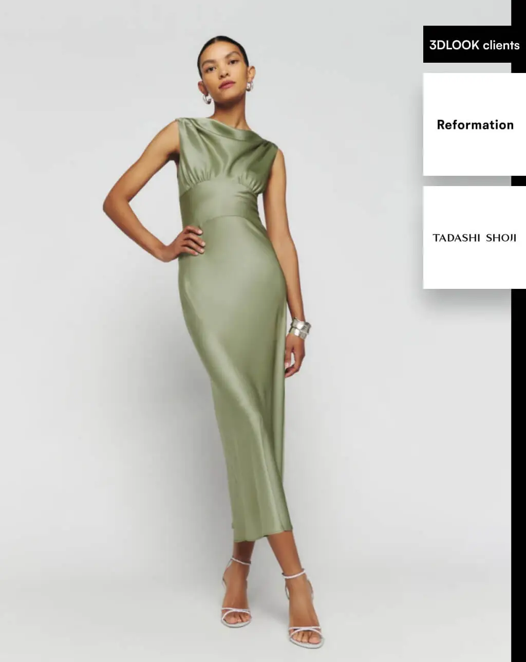 An AI-powered mobile tailor is capturing body measurements of a woman posing in a green dress.