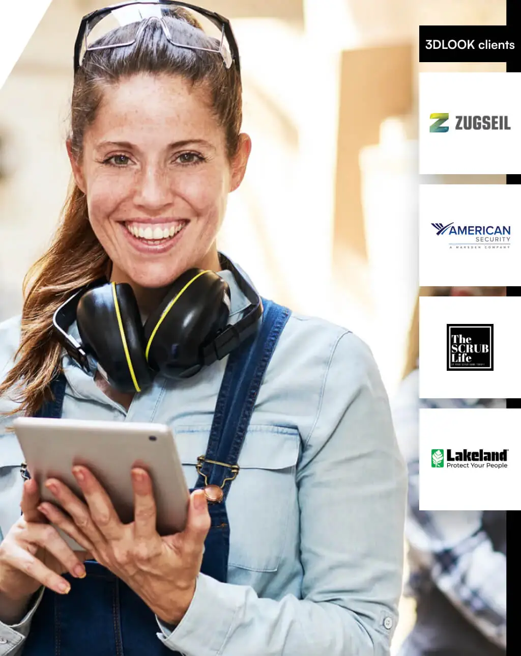 An image of a woman wearing headphones and holding a tablet.
