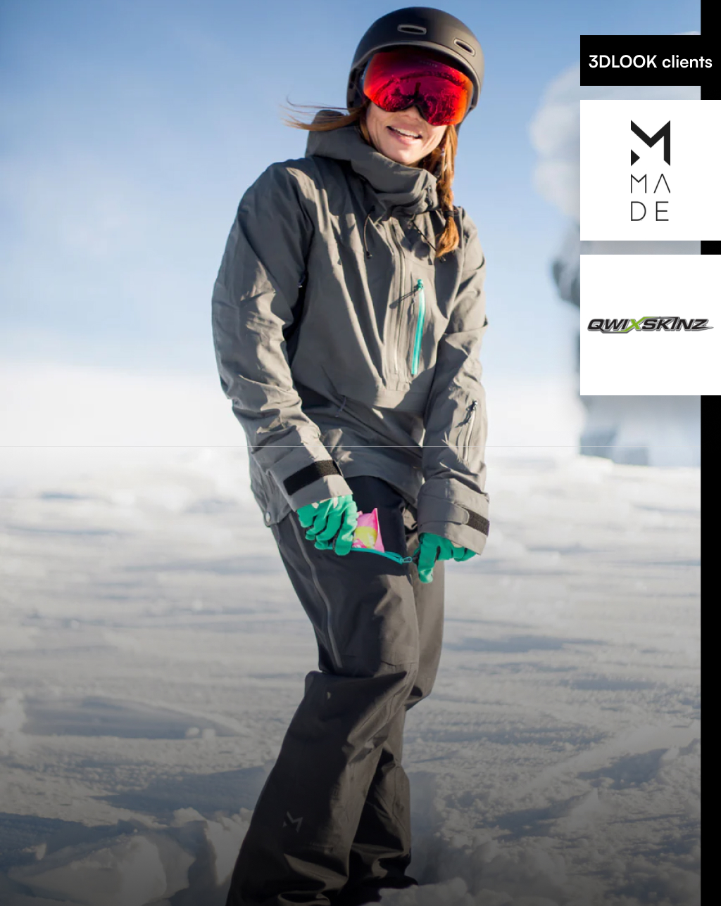 An AI-Powered woman is standing in the snow, wearing a ski jacket and goggles.