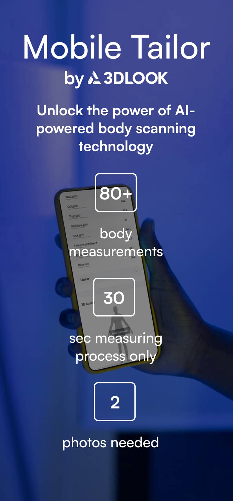 Screenshot of a mobile tailor app powered by AI. Tailoring options available for bespoke clothing or made-to-measure items.