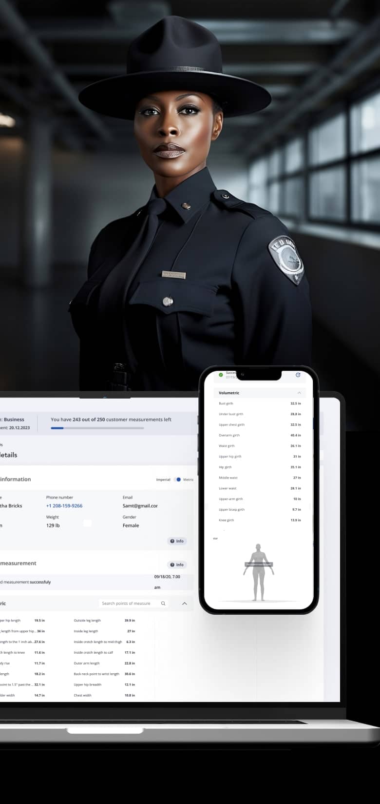 A woman in a police uniform is displayed on a laptop screen with accuracy and efficiency.