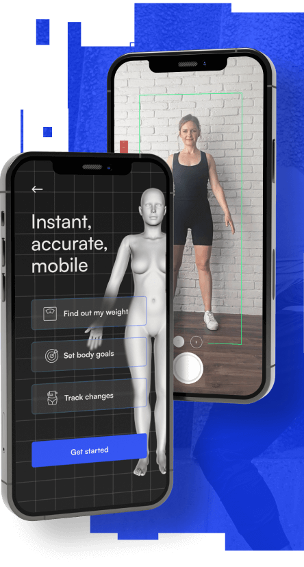 The FitXpress woman's body is shown on a phone screen.