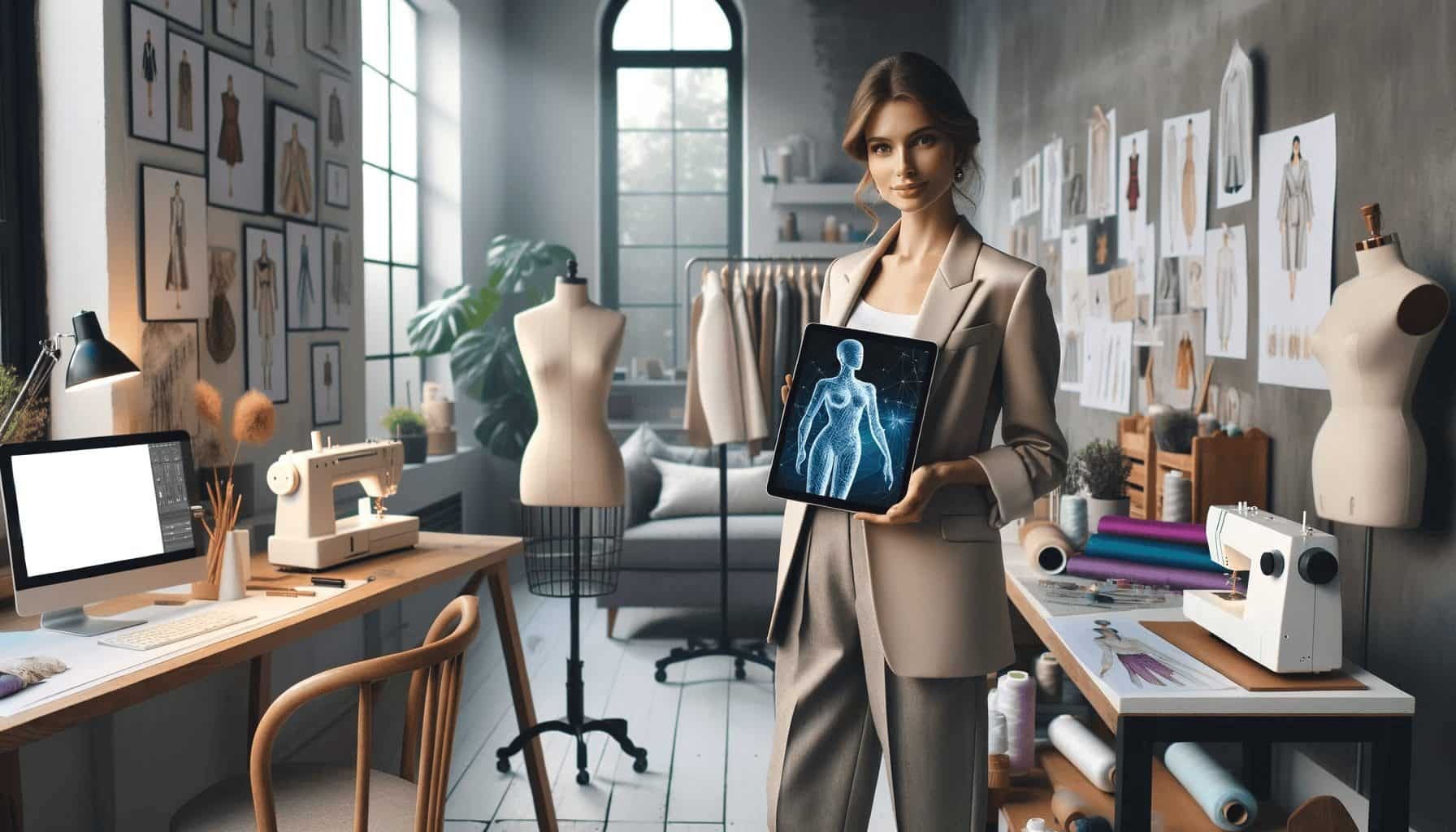 A woman in a suit is holding a tablet in her office, showcasing digital transformation in the fashion retail industry.