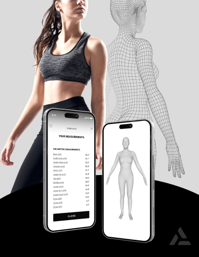 A woman's body is displayed on a smartphone screen as part of a fashion retail app.