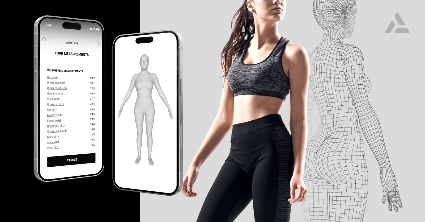 The woman's body is displayed on a smartphone in a custom fit fashion retail app.