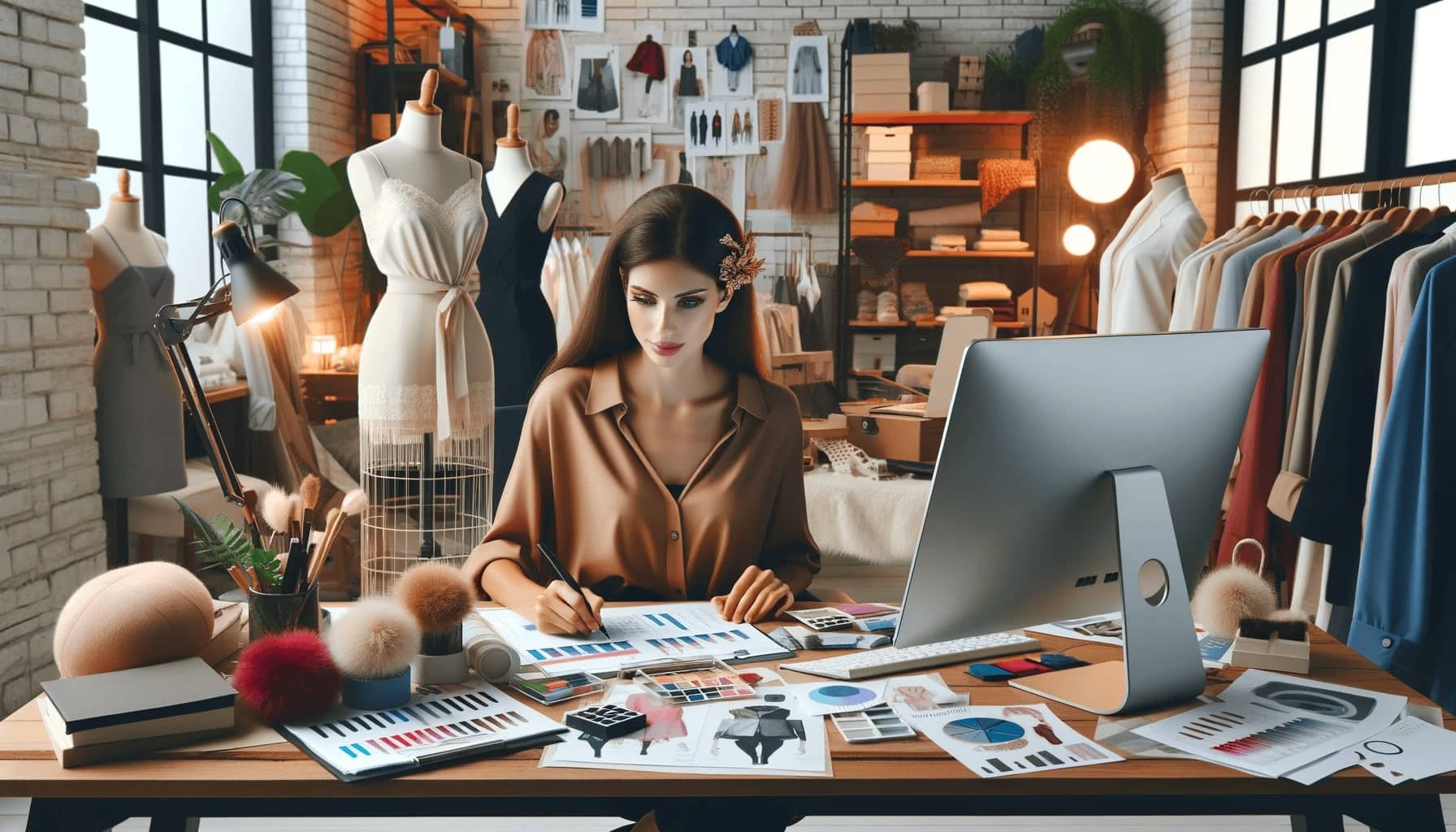 An employee at a desk in a fashion studio for a clothing brand.