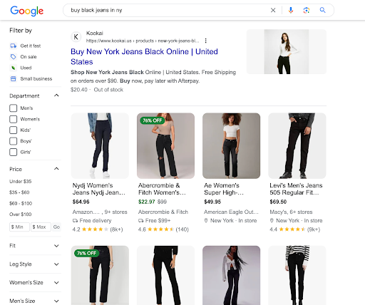 A screen shot of a google search for women's jeans showcasing a variety of clothing brands.