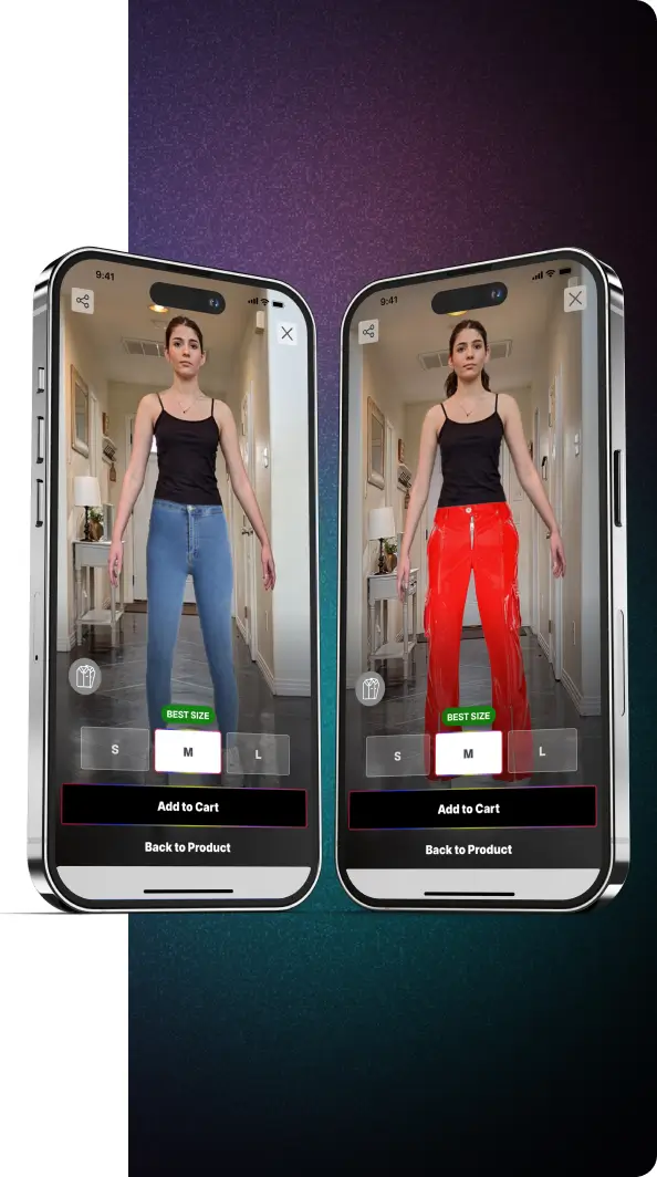 A woman standing in front of two smartphones on the homepage.