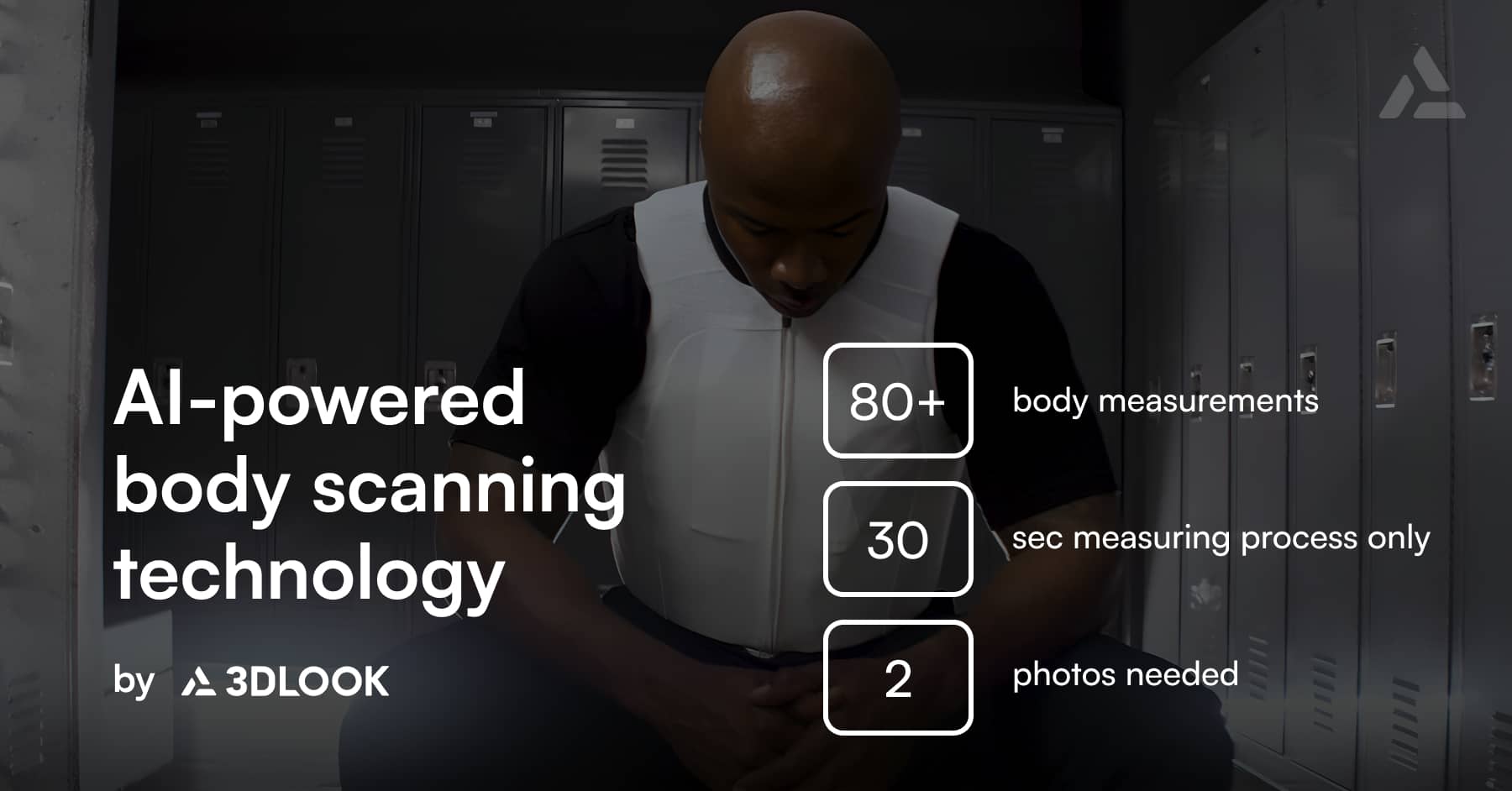 A man using a locker room is being illustrated to explain the concept of AI-powered mobile body scanning technology, developed by the Safariland Group, that requires only two photos to measure over 80 body