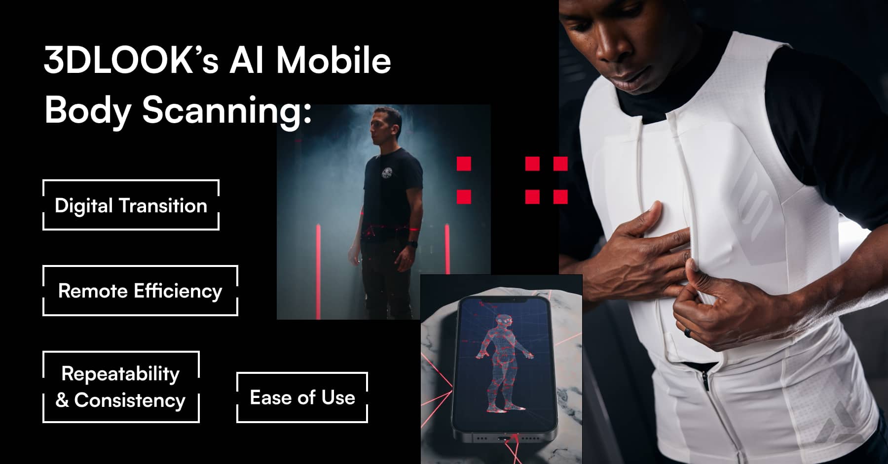Promotional material showcasing 3DLook's AI-powered body scanning technology features for digital transition, remote efficiency, repeatability, consistency, and ease of use, with a person using the application on