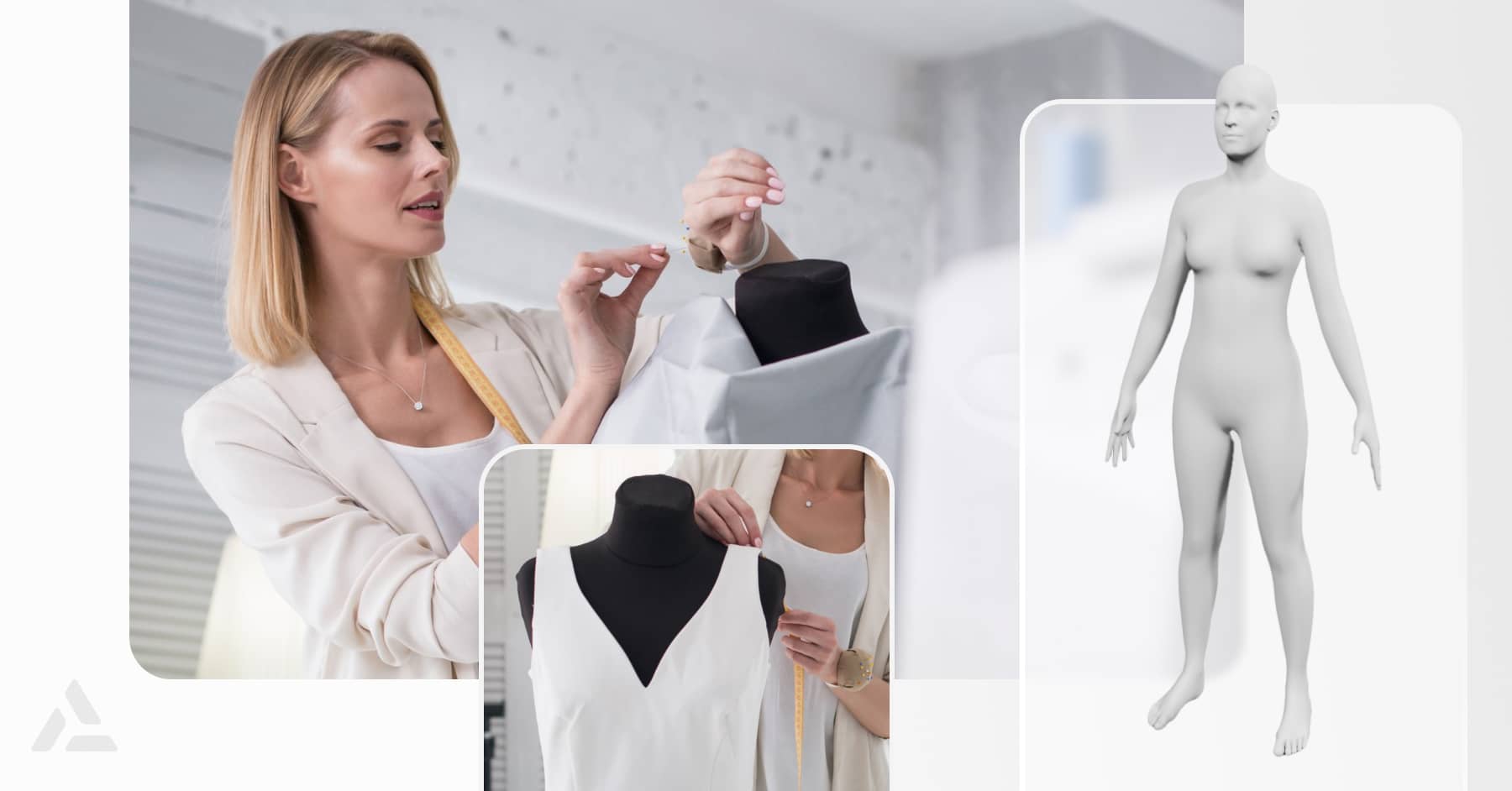A woman adjusting an apparel necklace on a mannequin with an inset showing a close-up of the necklace and an illustrated figure.