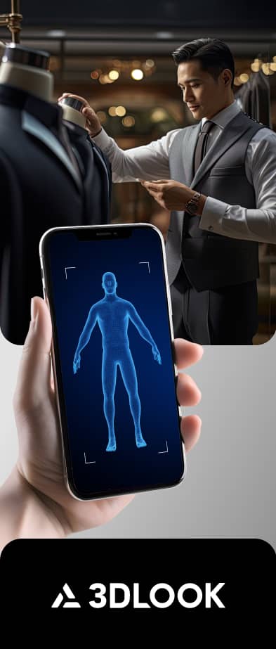 A tailor adjusts a suit on a mannequin while a hand holds a smartphone displaying body scanning technology for virtual fitting in the fashion industry.