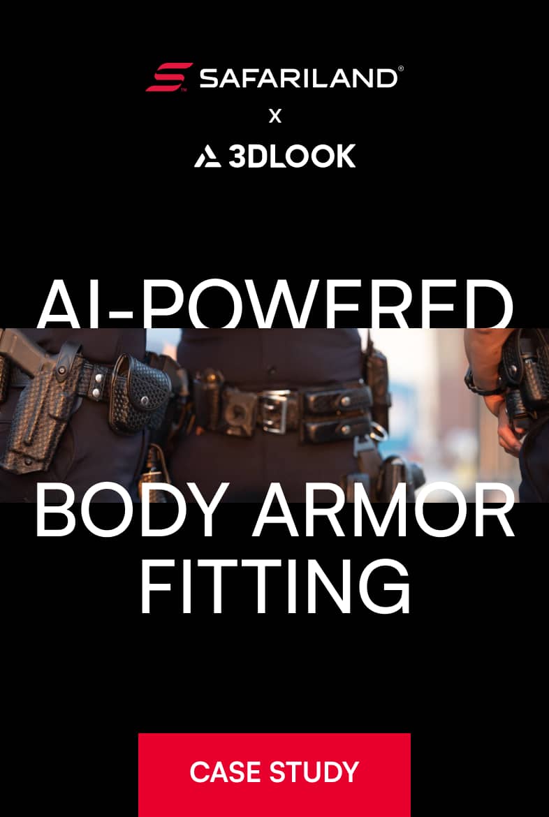 Promotional material showcasing a partnership for Safariland Group's AI-powered mobile body scanning service for body armor fitting.