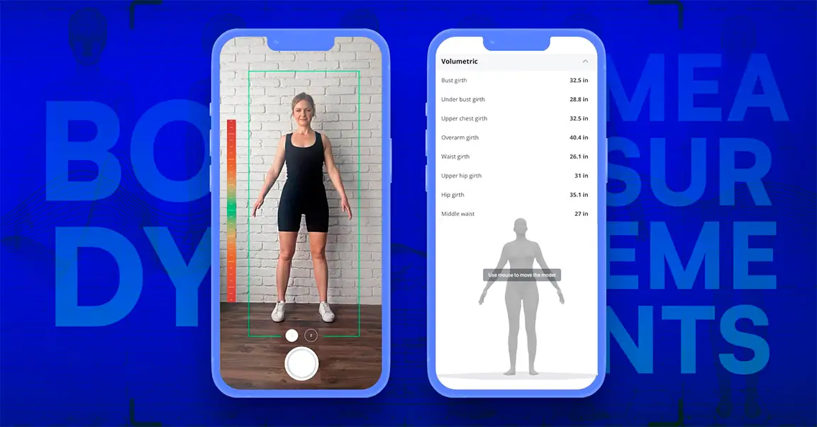 A mobile app on two phones showcasing a woman in a black outfit, with virtual body measurements detailed on the second screen. The background features a blue graphic with text, emphasizing the advanced Mobile Body Scanning Technology in use.