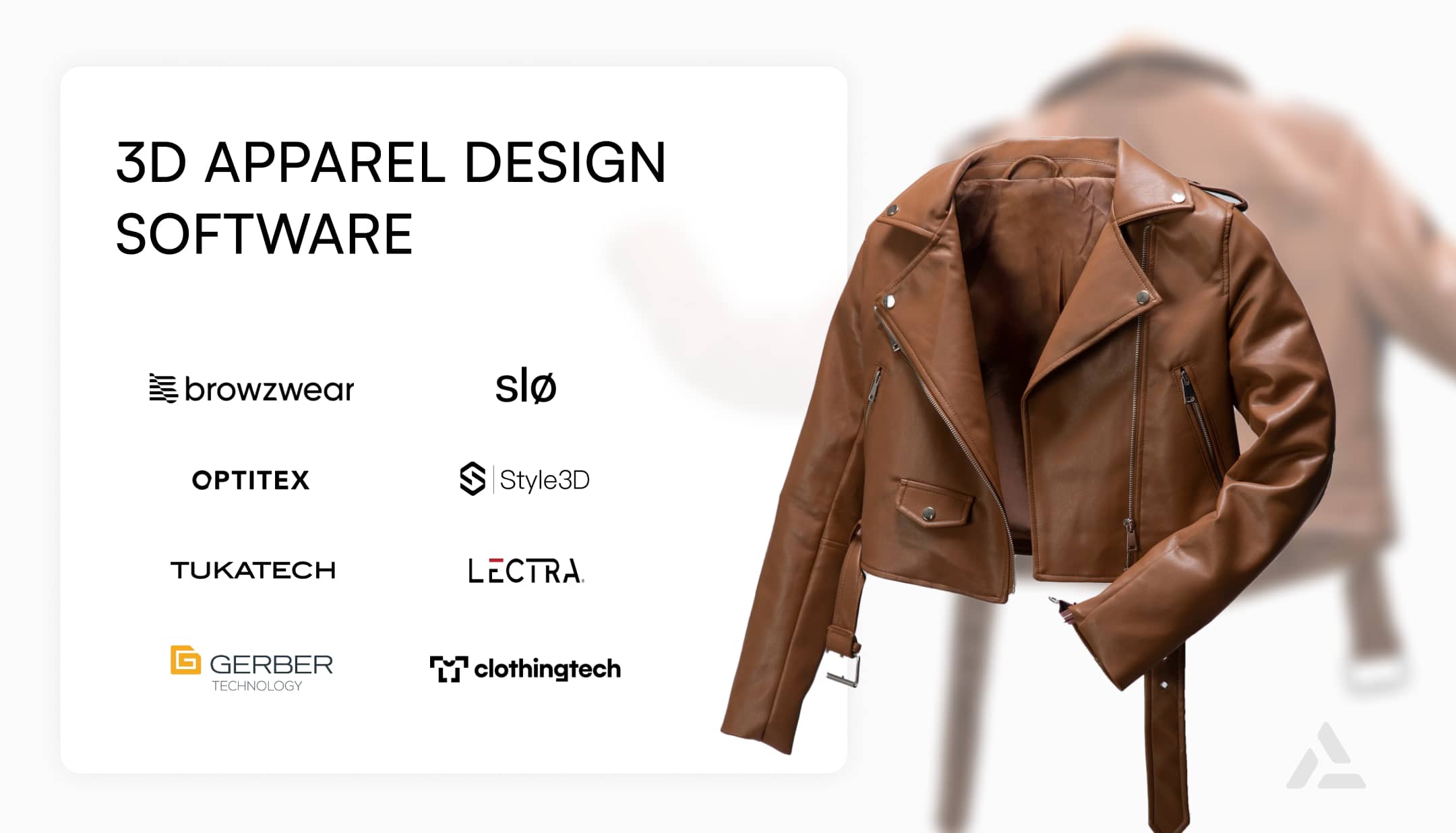 Image displaying a brown leather jacket with logos of various on-demand fashion design software brands like Browzwear, Optitex, and Lectra.