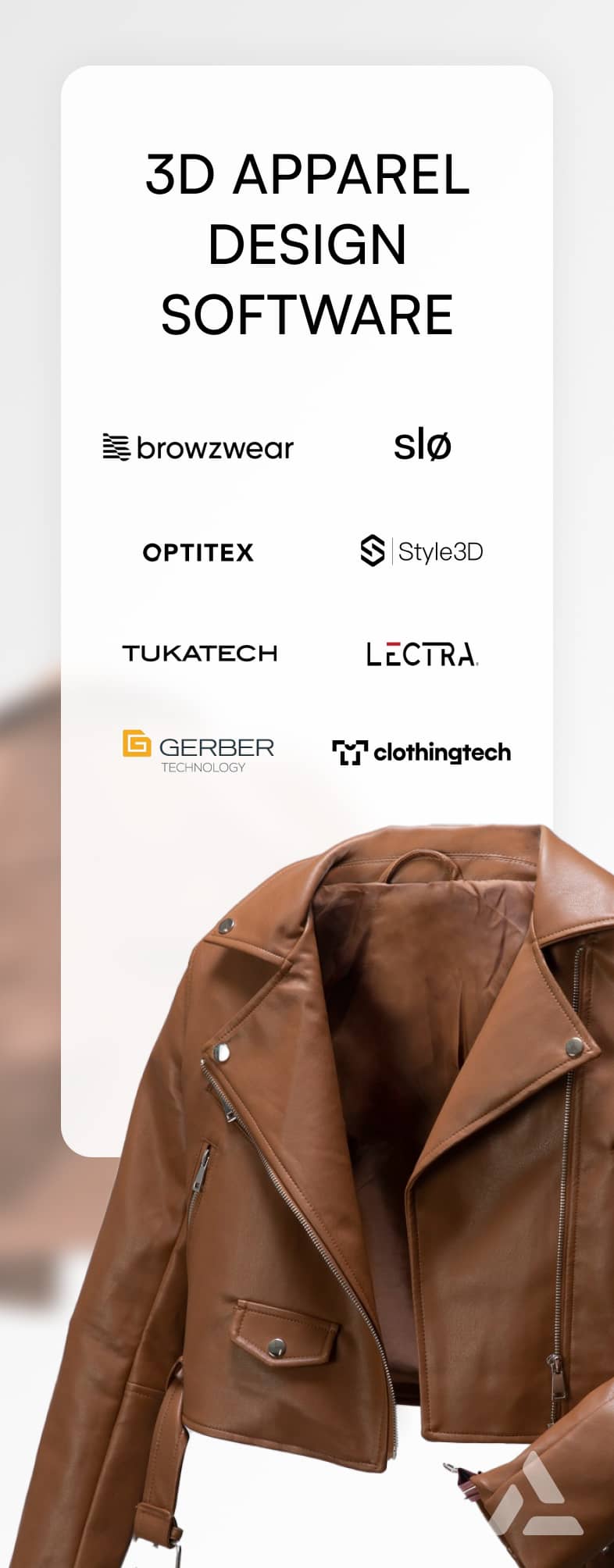 Promotional poster for on-demand fashion design software featuring a close-up of a brown leather jacket, with logos of various tech companies below.
