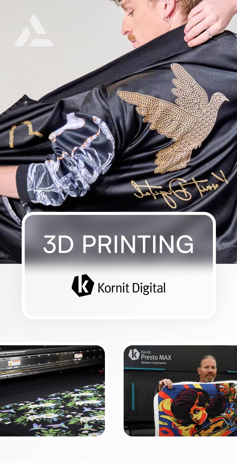 Man wearing a black shirt with a 3D-printed design, showcasing the capabilities of Kornit Digital's 3D printing technology in the on-demand fashion industry.