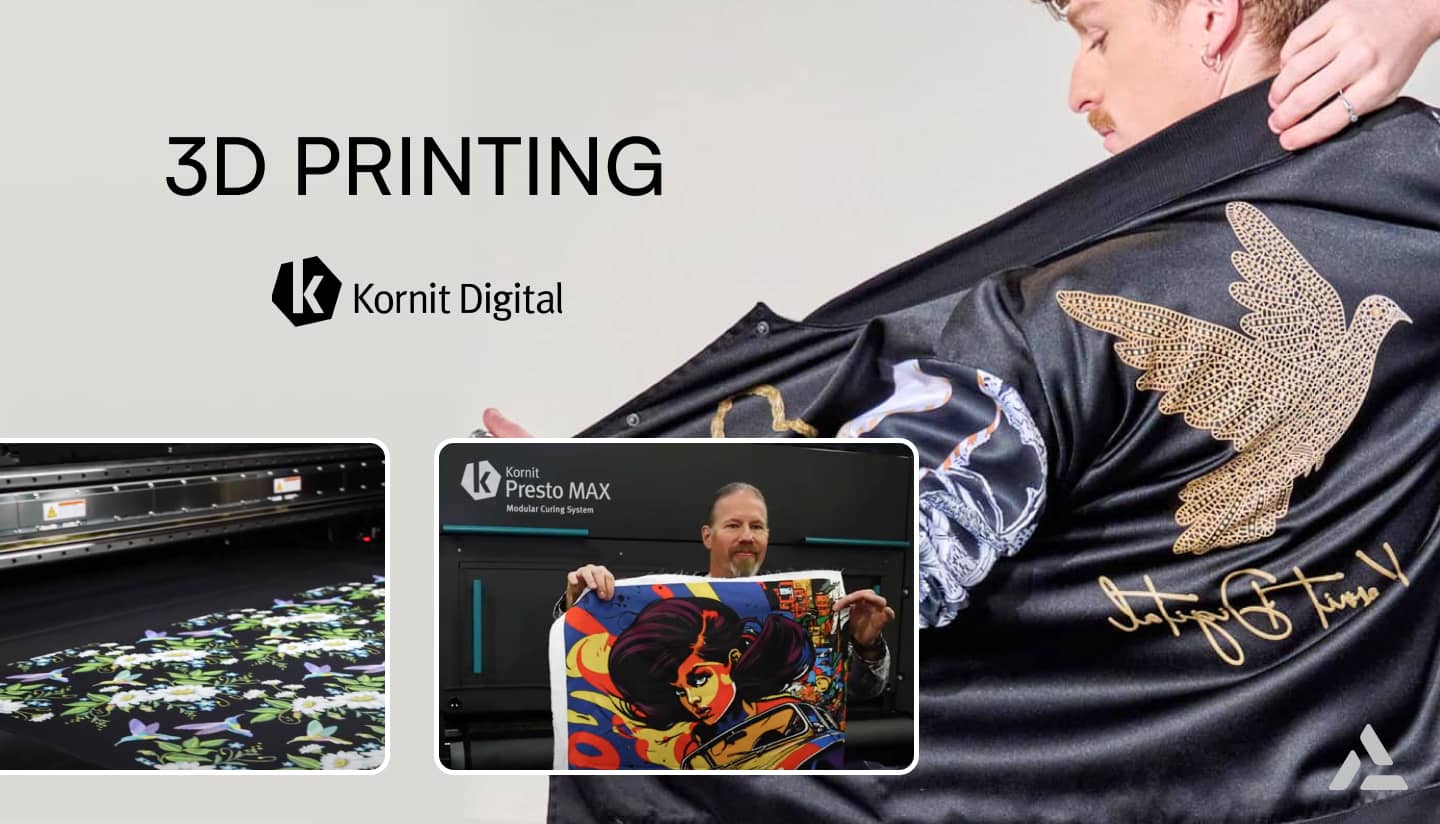 Collage featuring 3D printing by Kornit Digital for on-demand fashion: a man with a printed dove on his jacket, close-up of a floral fabric print, and another man holding a