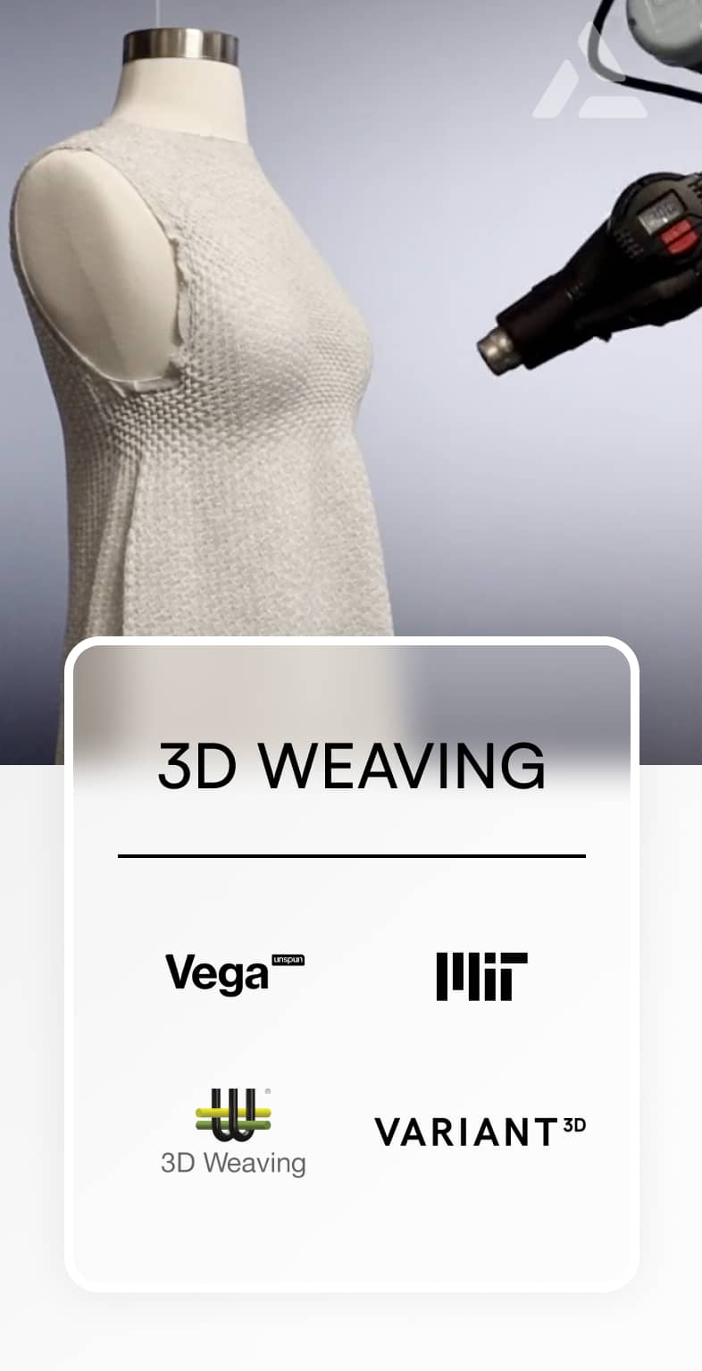 A mannequin displaying a white textured garment, with labels reading "3D weaving" and company logos, suitable for the tech landscape, while a handheld device is pointed at it.