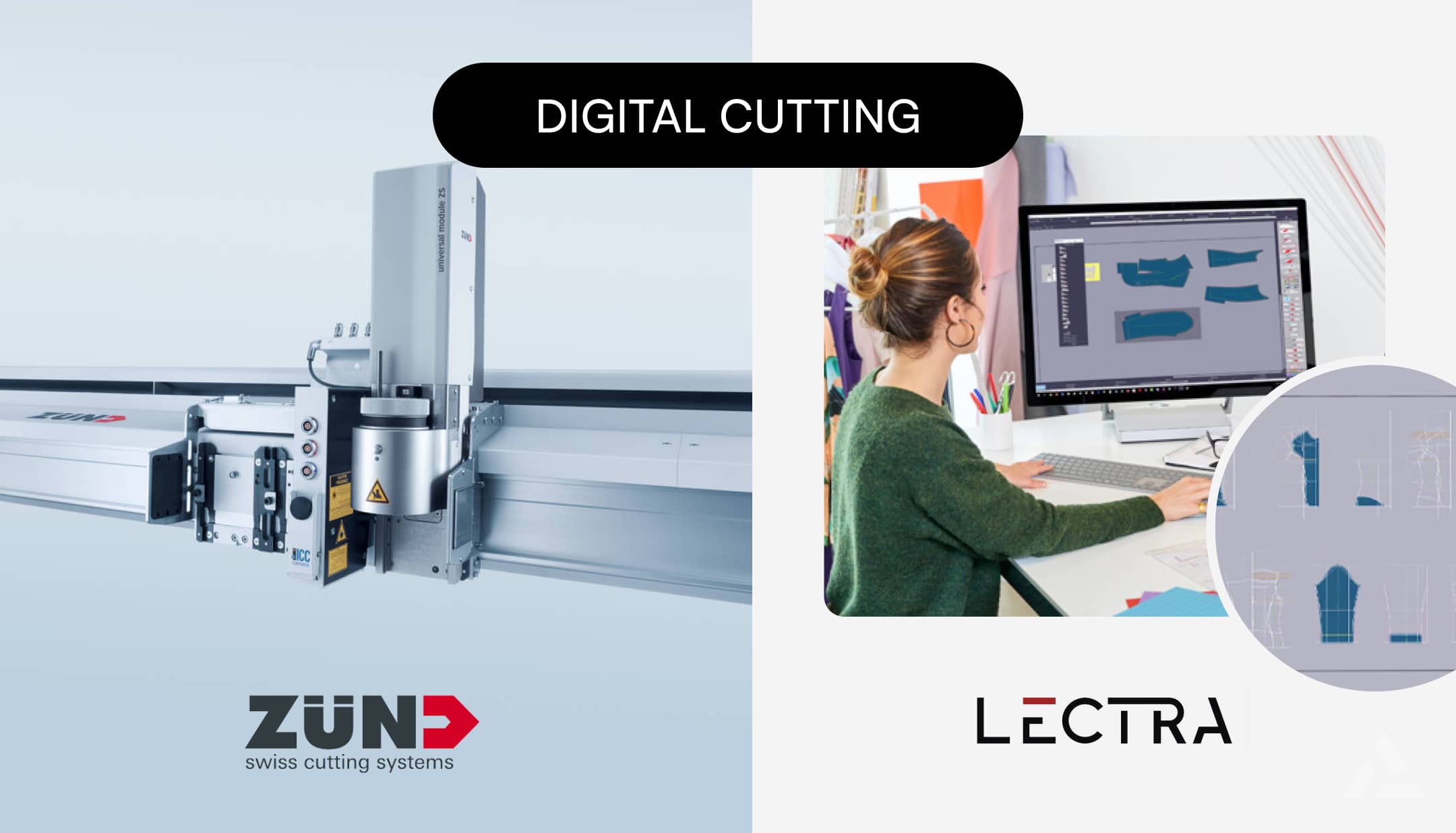 Split image featuring a digital fabric cutting machine on the left and a woman using design software on the right, both highlighting textile technology in the fashion industry tech.