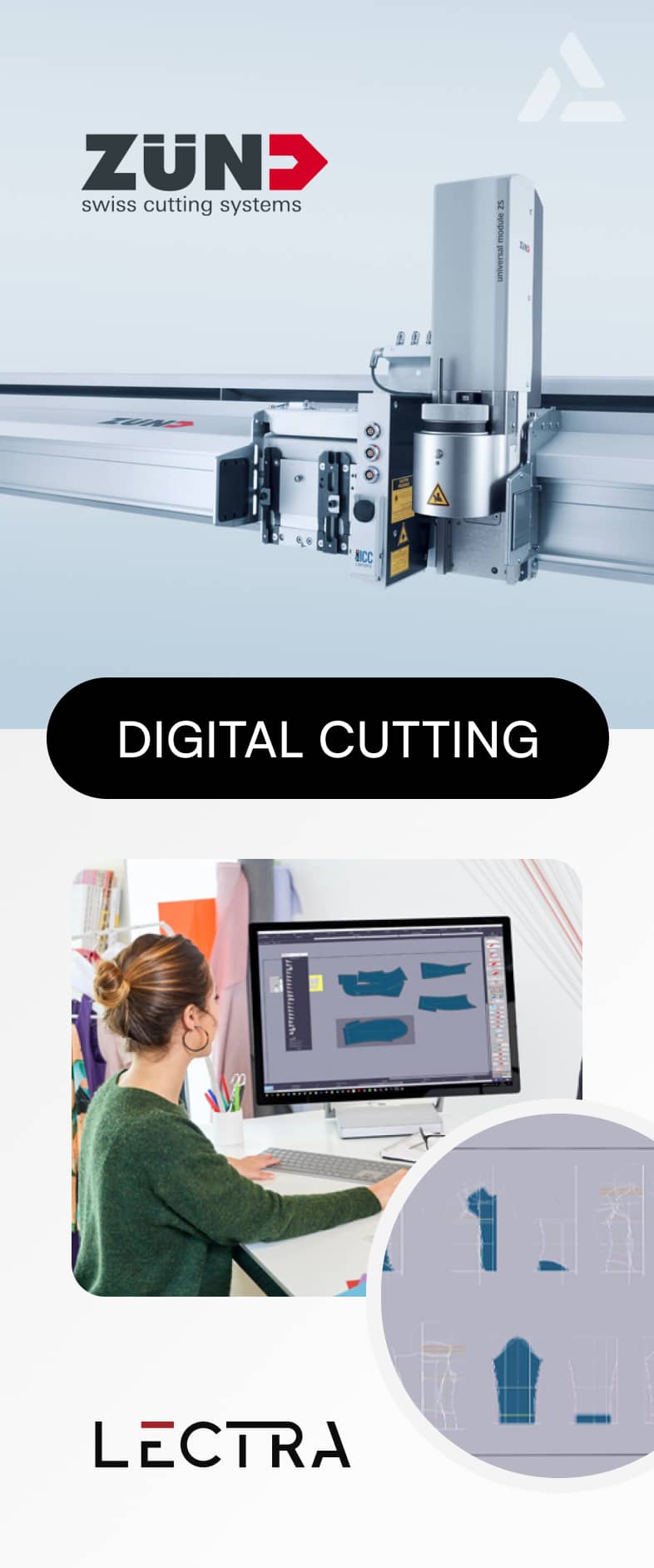 Top: logo of zund, swiss cutting systems above a large industrial cutting machine tailored for the on-demand fashion industry. Bottom: woman using computer for digital design in fashion tech, highlighted