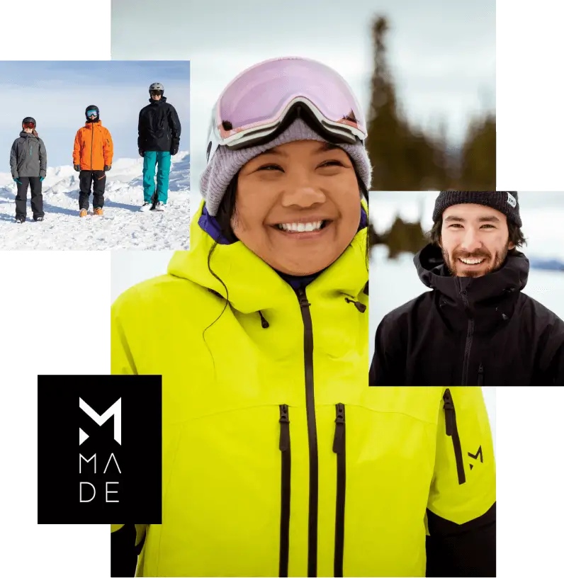A collage of four happy people wearing winter clothing, likely at a ski resort, showcasing the MT Redesign 2024.
