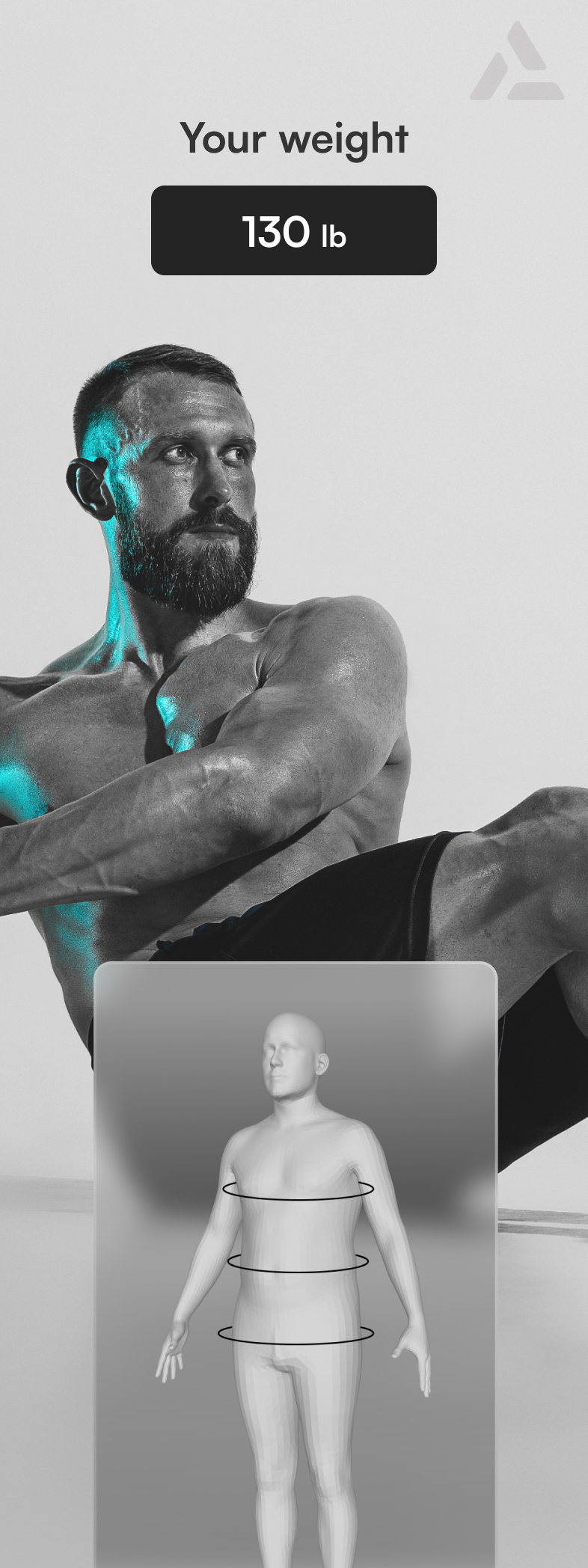 An image split into two sections: top shows a grayscale photo of a muscular man with glowing blue markings, bottom depicts an AI-powered body scanning illustration with horizontal lines.