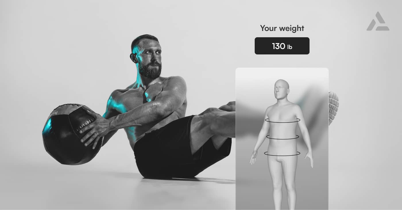 A man performing an abdominal exercise with a medicine ball. The image includes an AI-powered body scan diagram showing his weight as 130 lb.