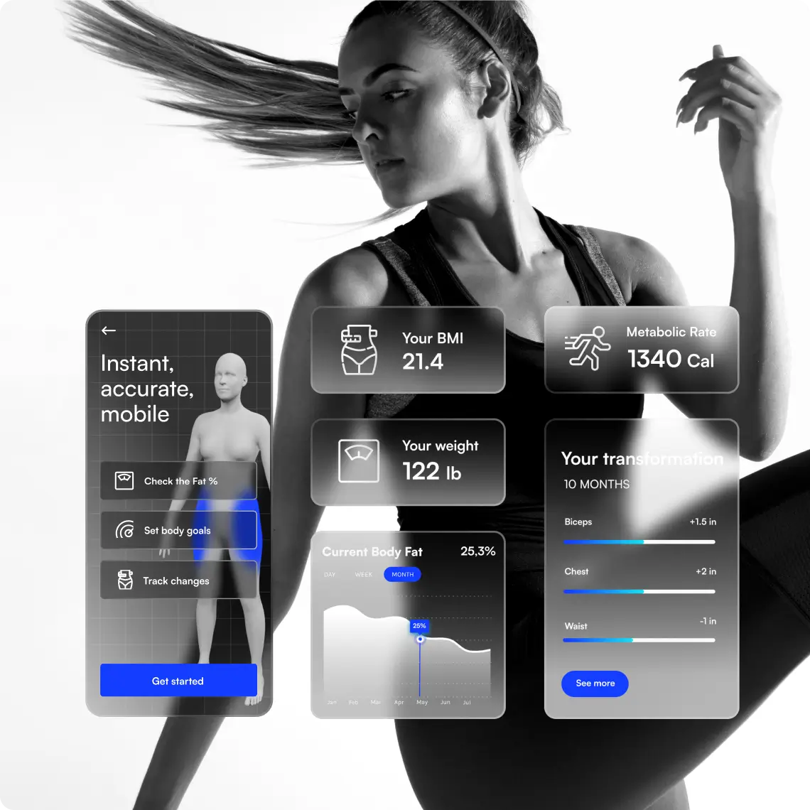 SEO-optimized fitness-focused technology interface showcasing health metrics alongside a dynamic image of a woman engaged in physical activity on the homepage.