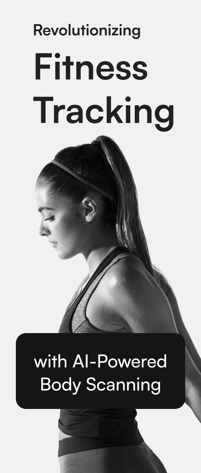 Profile view of a woman with a ponytail in workout attire, on a promotional poster about AI-powered body scanning.