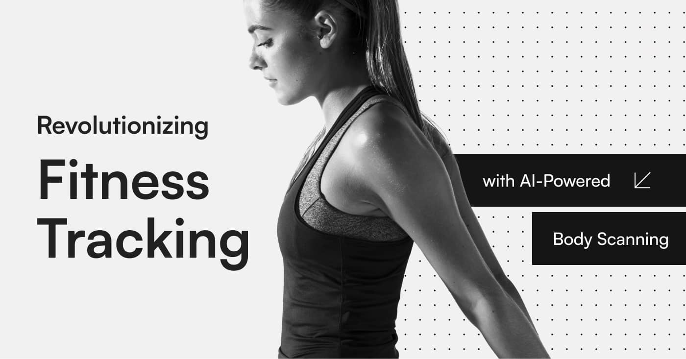 Side profile of a woman in fitness attire, with text promoting AI-powered body scanning and fitness tracking.