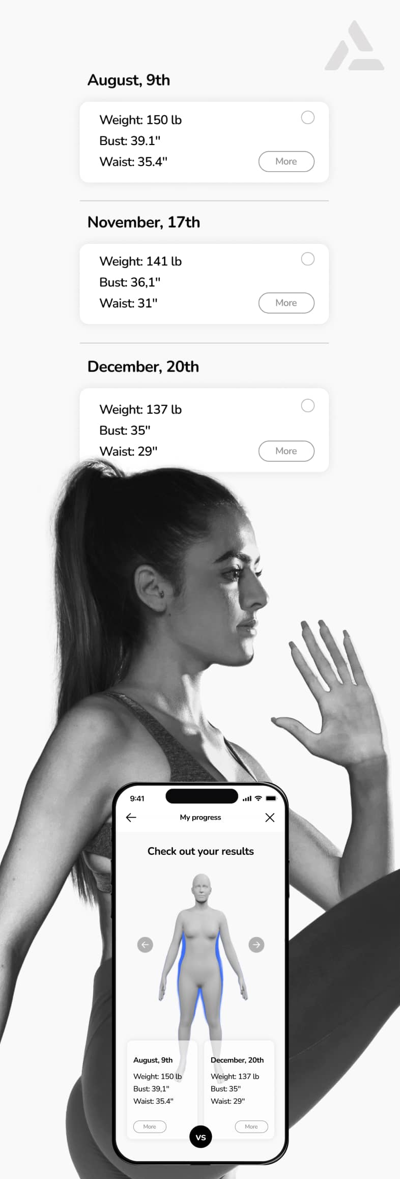 Side profile of a woman holding a smartphone displaying her fitness progress, with an AI-powered body scanning avatar and body measurements.