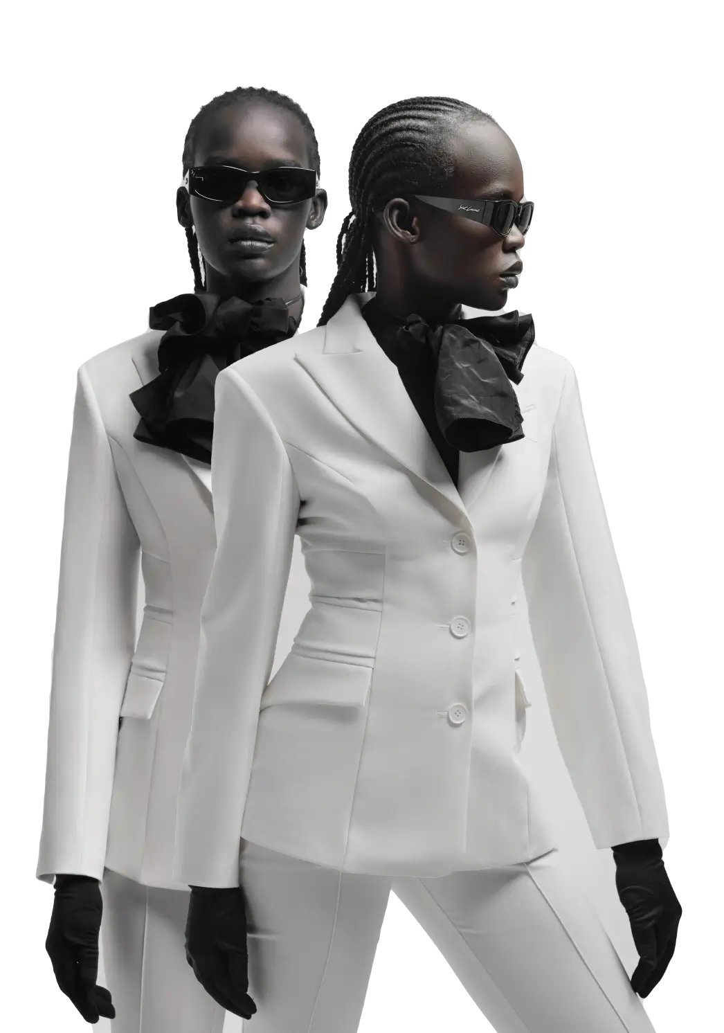 Two models in white suits and black accessories posing with a futuristic backdrop, showcasing the MT Redesign 2024.