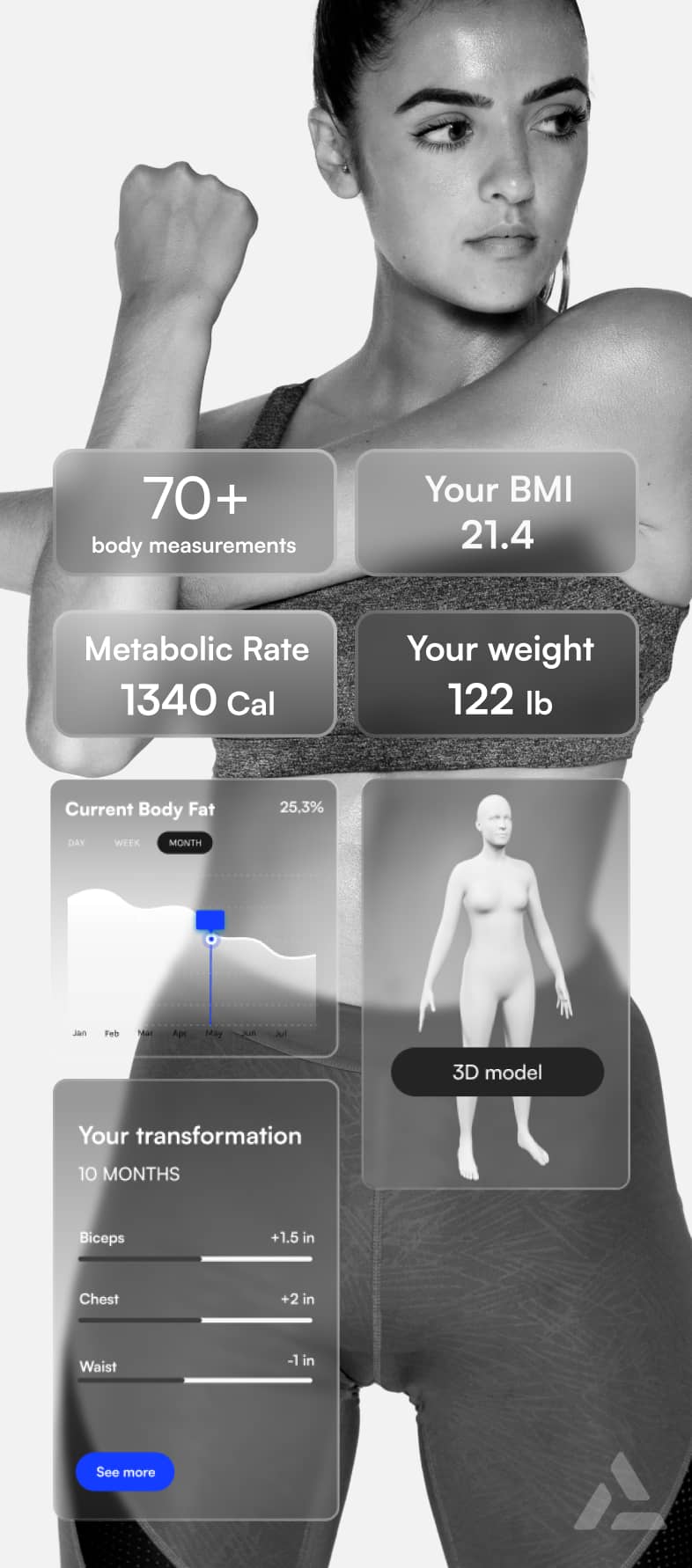 A female athlete's grayscale portrait, beside an interface displaying her bmi, weight, metabolic rate, and an AI-powered 3D body transformation model.